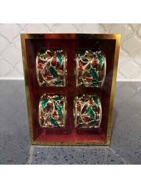 Lenox Goldtone Holly & Berries Christmas Napkin Rings Set Of 4